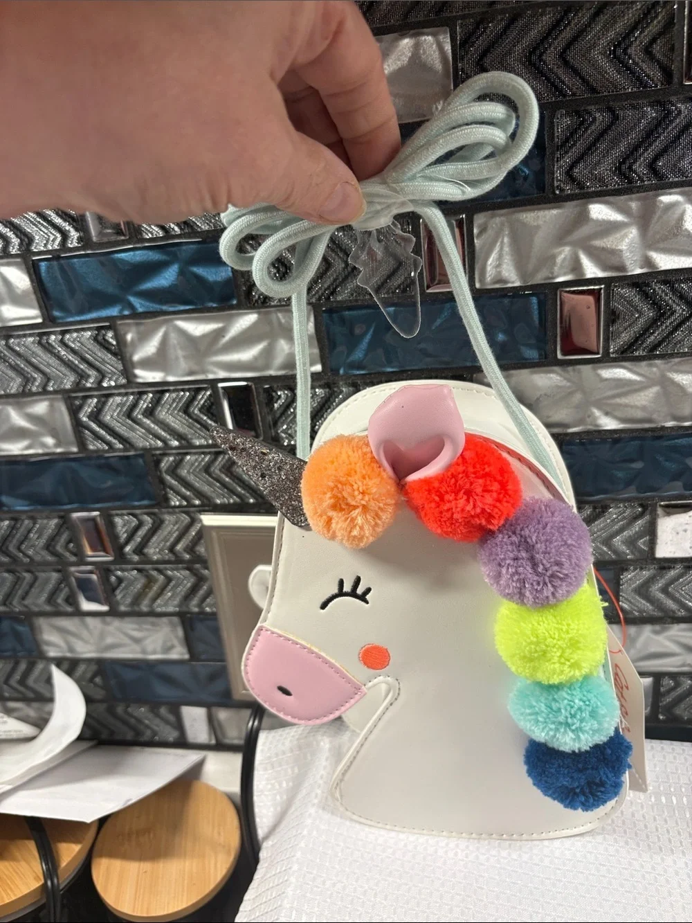 Cat & Jack White Unicorn Crossbody Bag with Multicolor Pom-Poms